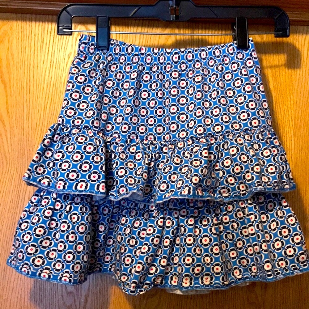 Hanna Andersson tiered blue white red geometric floral cotton skirt 130 size 6-7